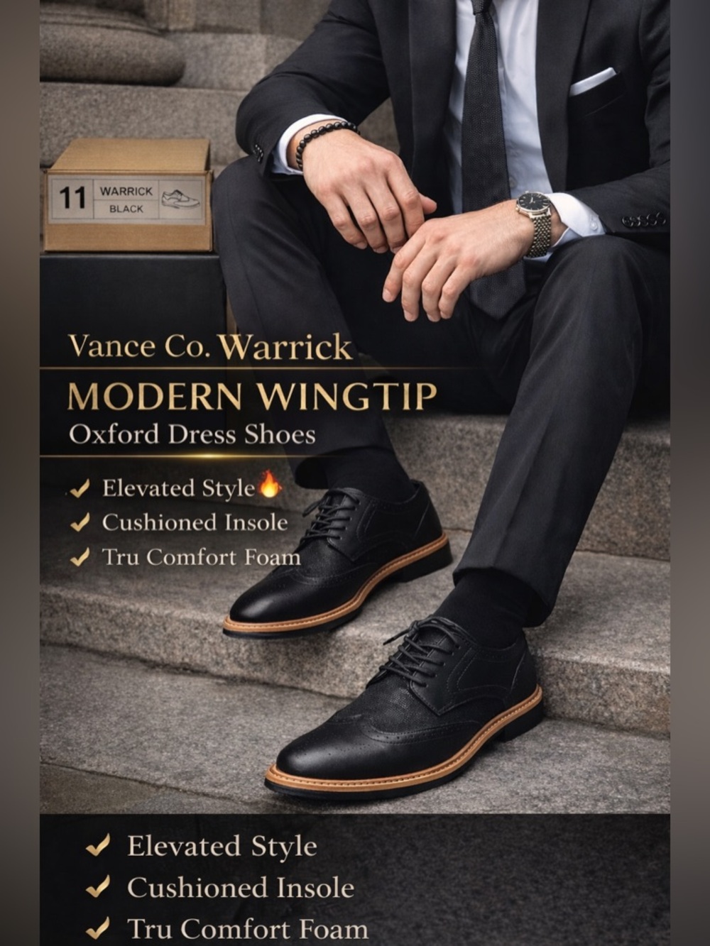 Vance Co. Warrick Black Wingtip‎ Oxford Dress Shoes Sz 11 NIB Classic Modern
